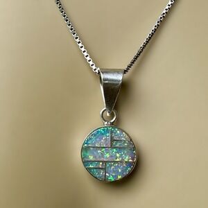 Vintage Navajo Zuni Signed Pendant Necklace 20 Inch Lab Opal 925 Sterling 7.5g